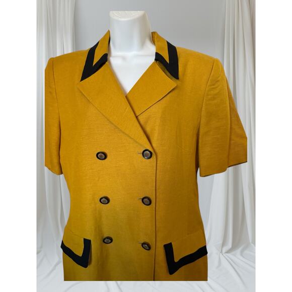 Vintage Oleg Cassini Mustard & Black Linen Double-Breasted Skirt Suit Set - Picture 4 of 9